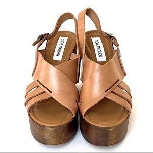 Steve Madden Leather and Wood Block Heel Platform Sandals